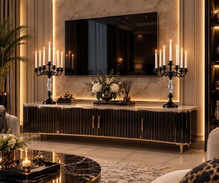 شمعدان هفت شعله رومیزی کریستالی وارداتی هندی آبکاری فورتیک مشکی
