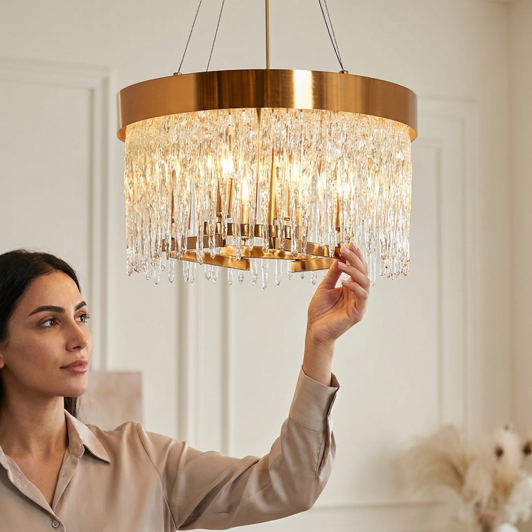 لوستر کریستالی هشت شعله با کریستالهای قندیلی و فریم طلایی