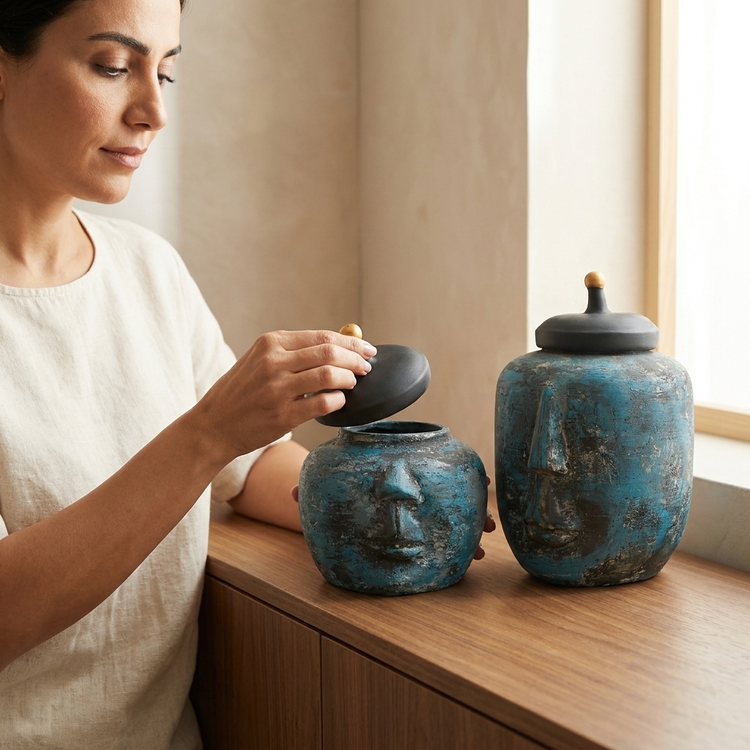 جینجر جار دکوری سنگی پتینه آبی ست دو عددی